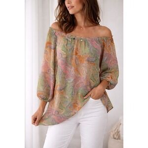 Chaps Women's Romantic Boho Blouse Multi Color Spring Paisley Sleeve Size M‎